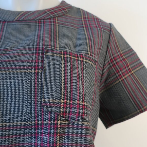 Women Sacai Black Gray Burgundy Plaid Short Sleeve Pleated Top Blouse M - Picture 3 of 14